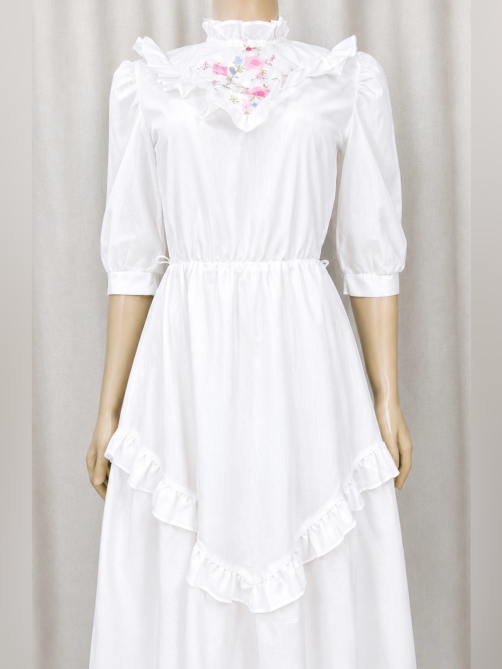 Vintage White Cotton Prairie Cottagecore Dress Embroidered Ruffle Midi